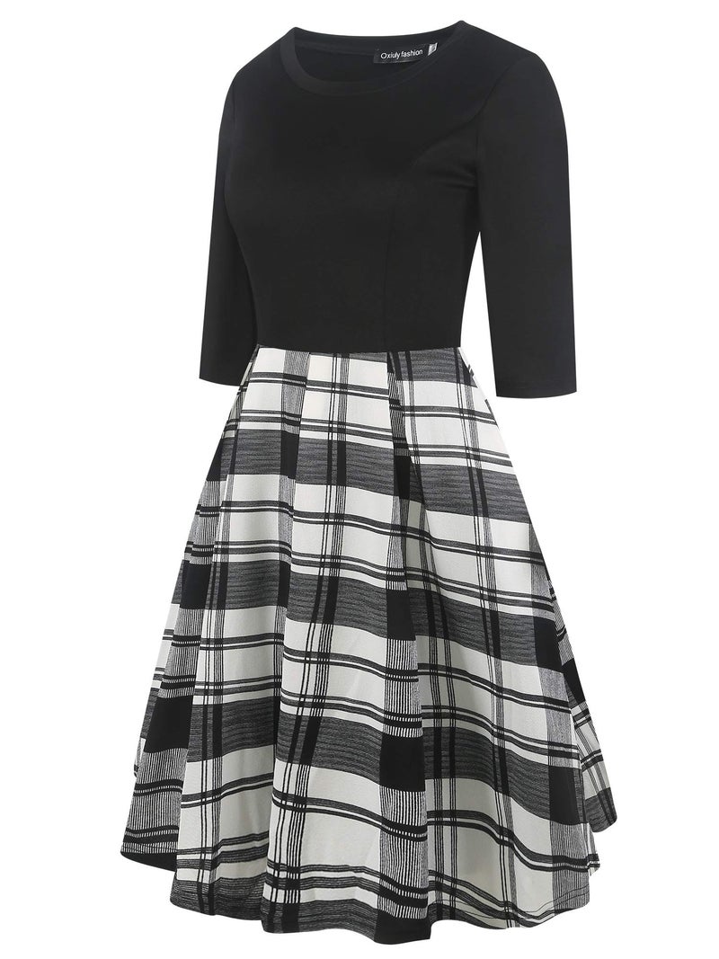 oxiuly Women's Vintage Half Sleeve O-Neck Contrast Casual Pockets Party Swing Dress OX253 (B-W Plaid, XXL) - Image 3